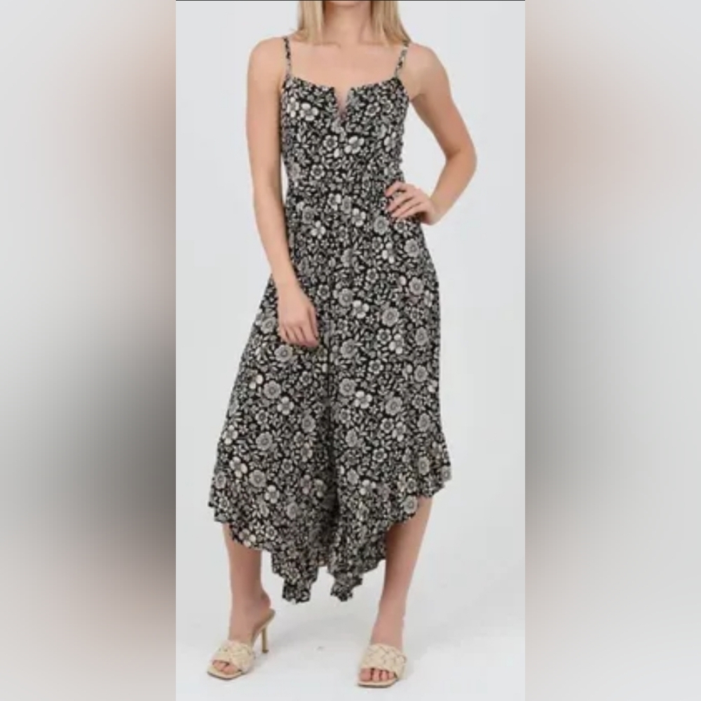 Angie Black and Beige Floral Handkerchief Hem Jumpsuit